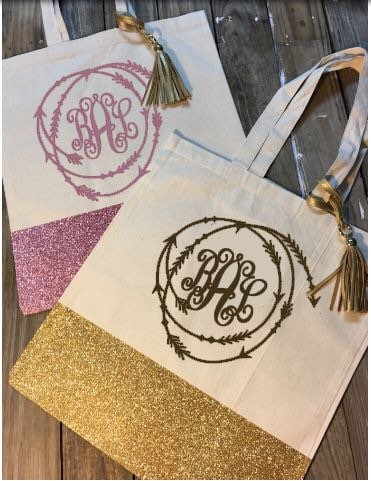 Glitter bottom tote bag, bridal party tote bag