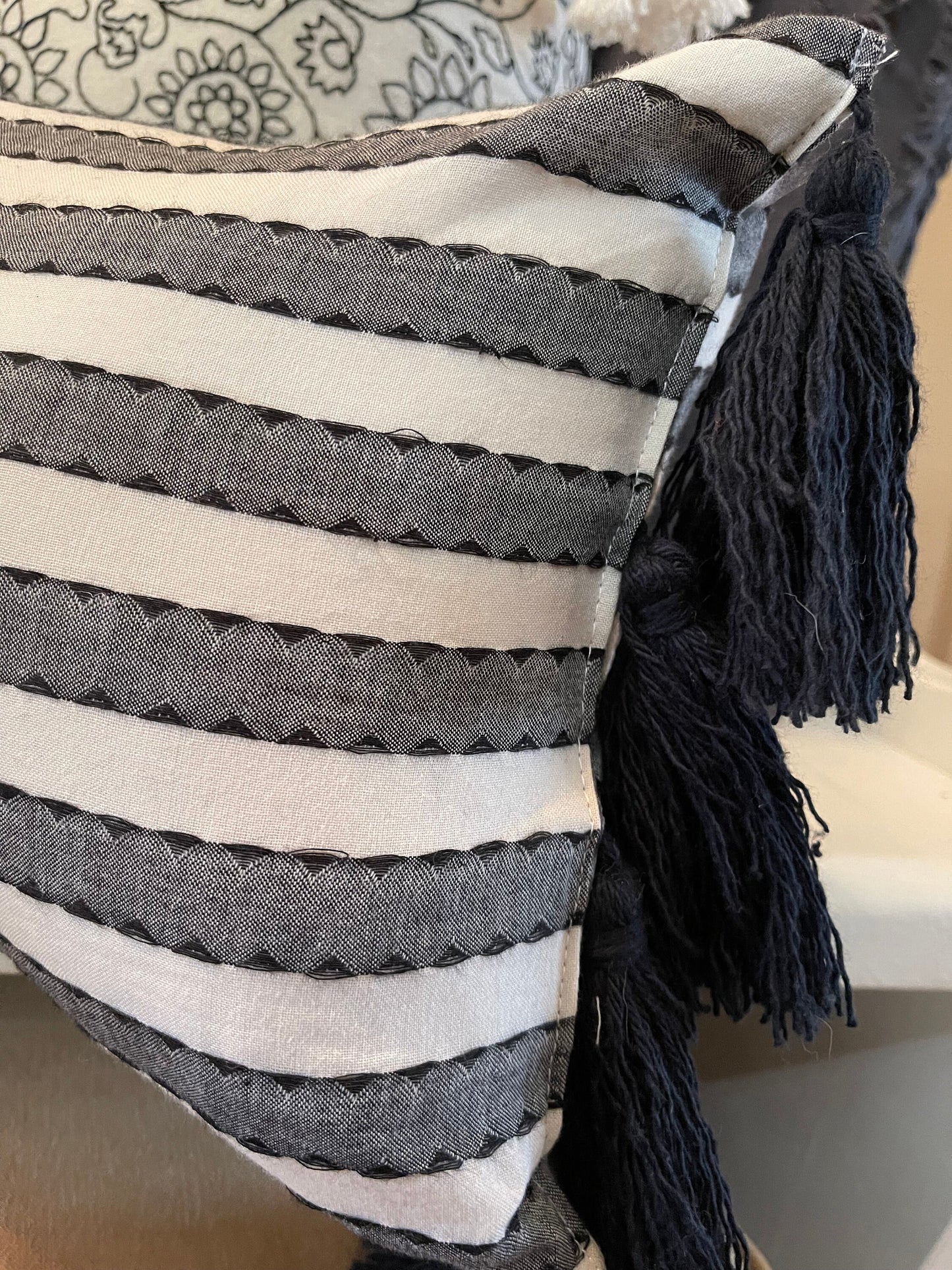 Black striped pillow, lumbar pillow with tassels, long lumar pillow, boho pillow