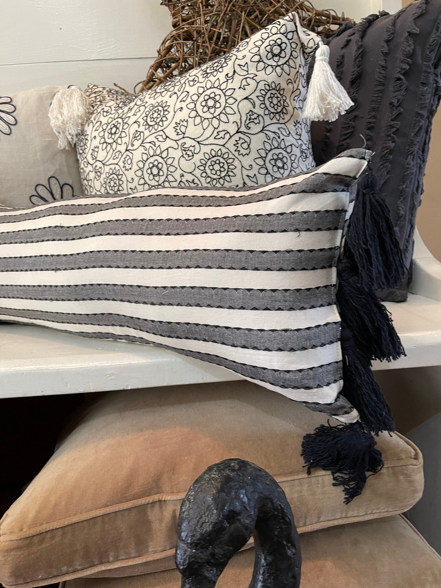 Black striped pillow, lumbar pillow with tassels, long lumar pillow, boho pillow