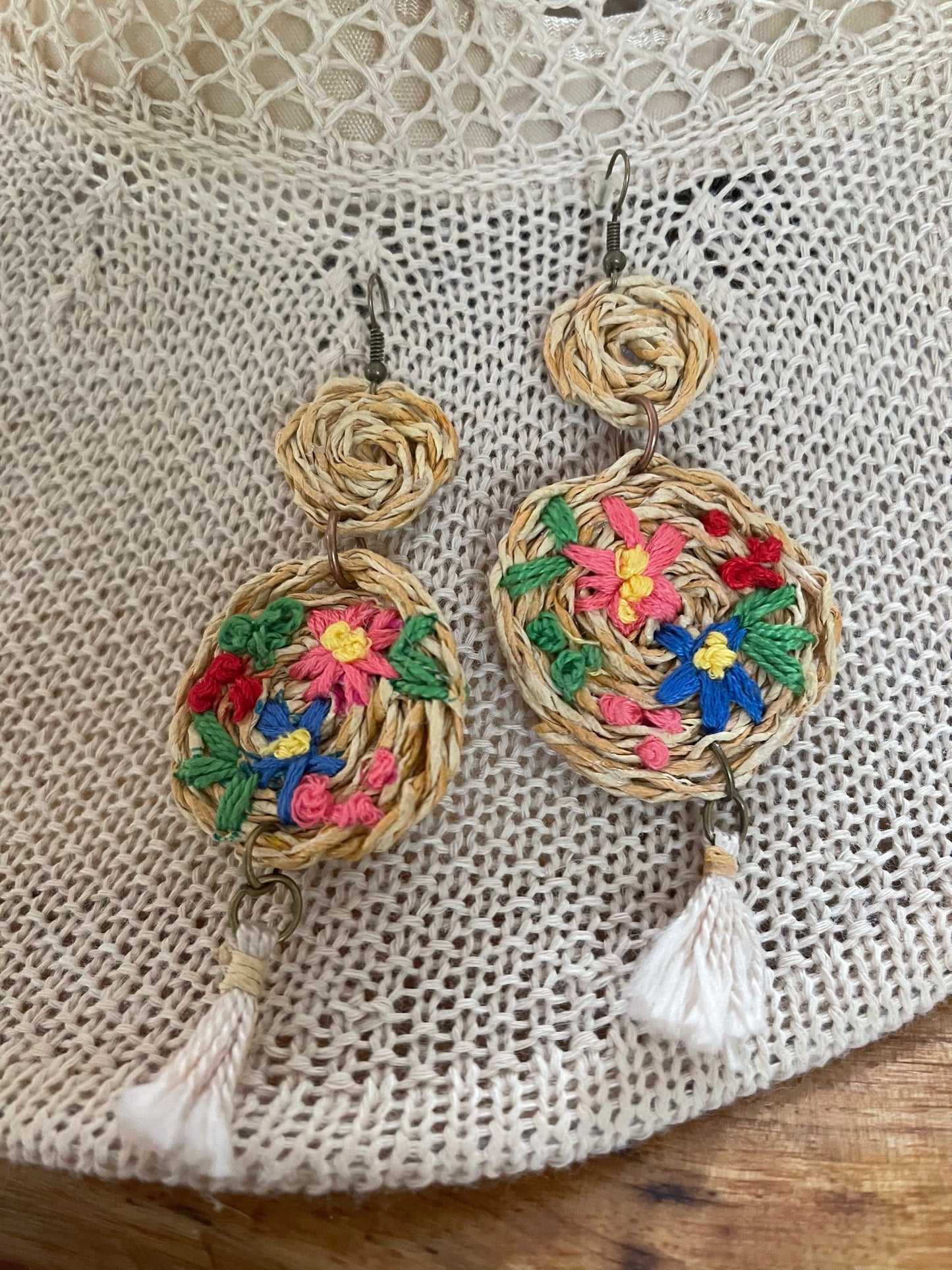Rattan embroidered earrings, bohemian styled earrings, floral embroidered earrings