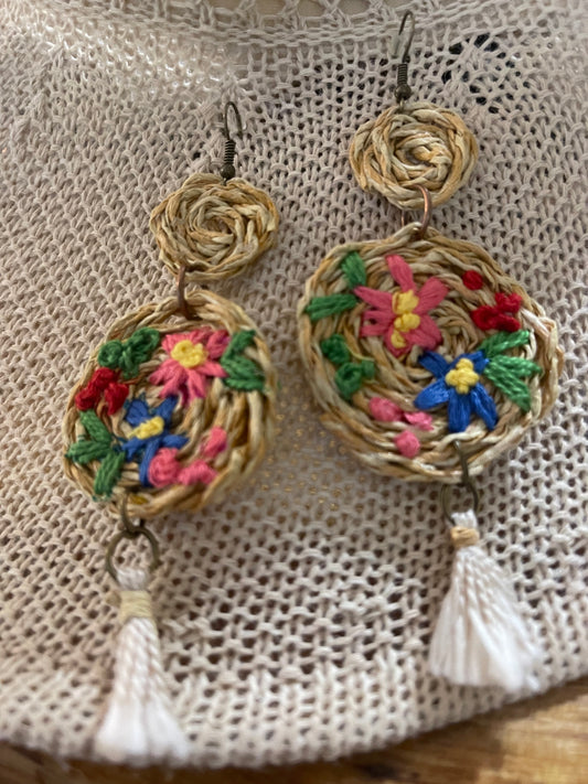 Rattan earrings, trendy summer earrings, hand embroidered earrings
