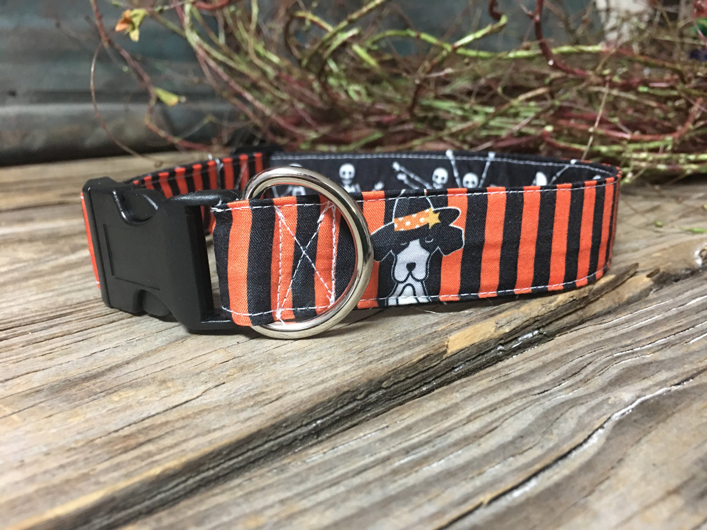 Halloween dog collar, orange and black striped dog collar, skeleton dog collar