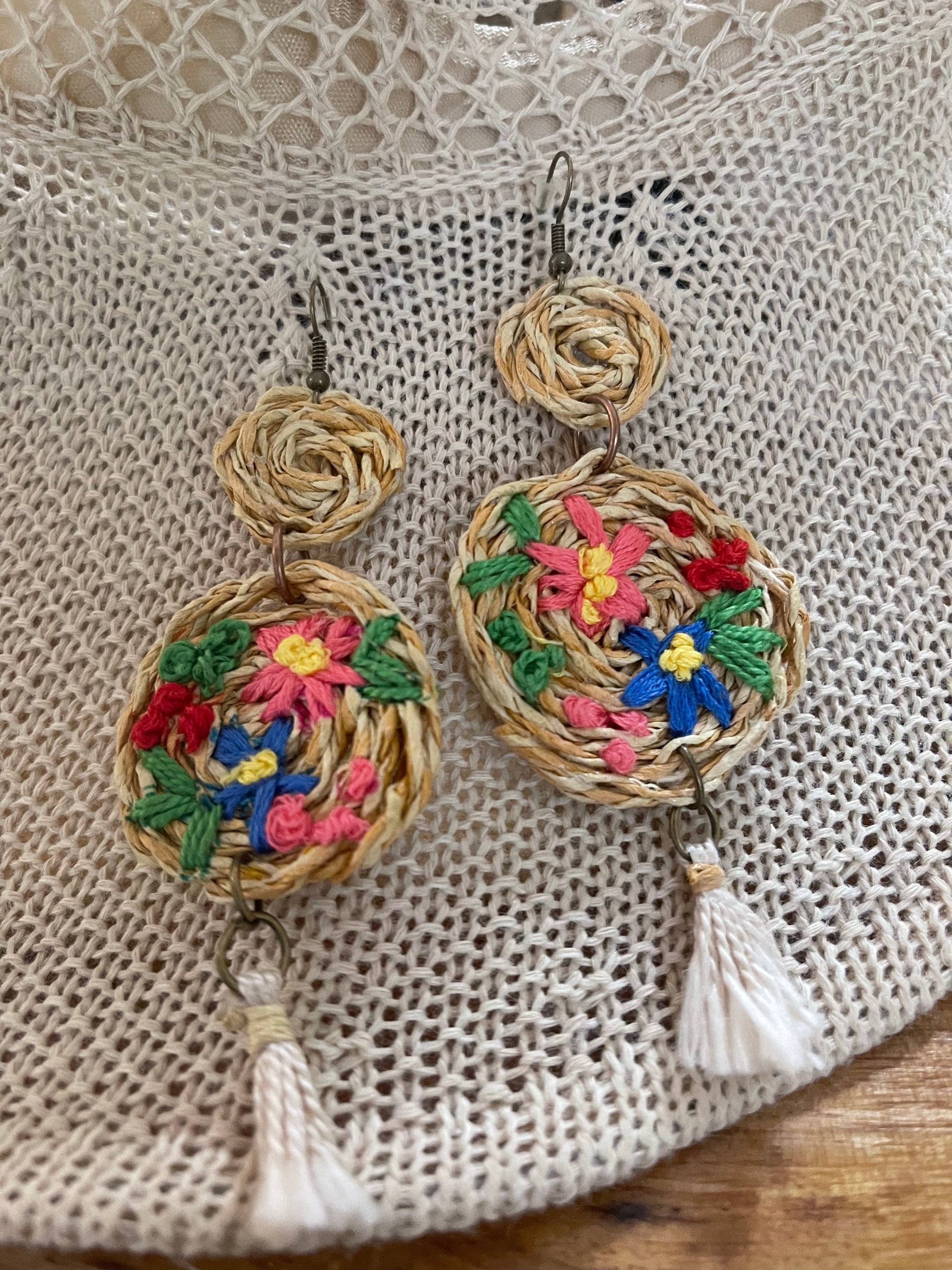 circle rattan drop earrings hand embroidered.  Vintage feel like a  straw beach bag