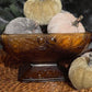 Depression glass compote, vintage glass serving dish, acorns and leaves