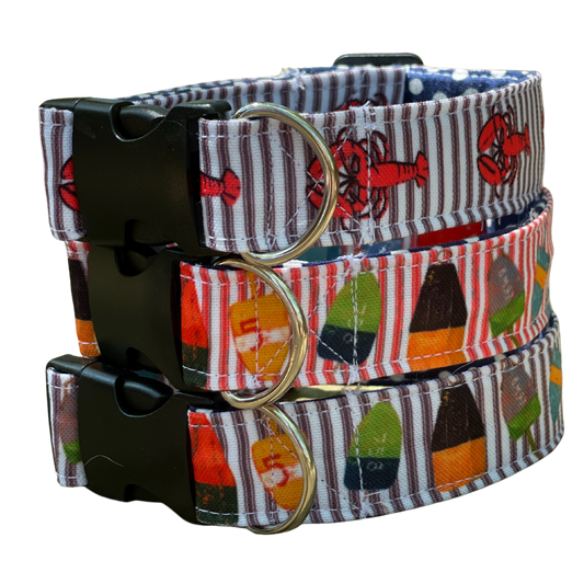 nautical dog collar navy stripes with lobsters, navy stripes with buoys, red stripes with lobsters, red stripes with buoys